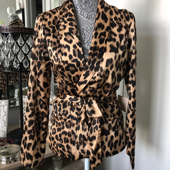 NWT Super Down satin Leopard print belted wrap jacket Sz M (slight flaw) - Picture 1 of 10